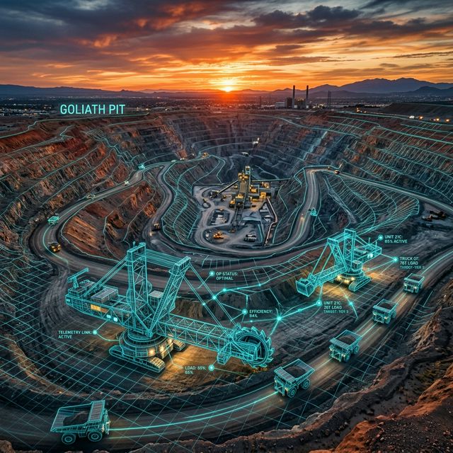 Open-pit mining operation with digital telemetry overlay representing connected industrial visibility.